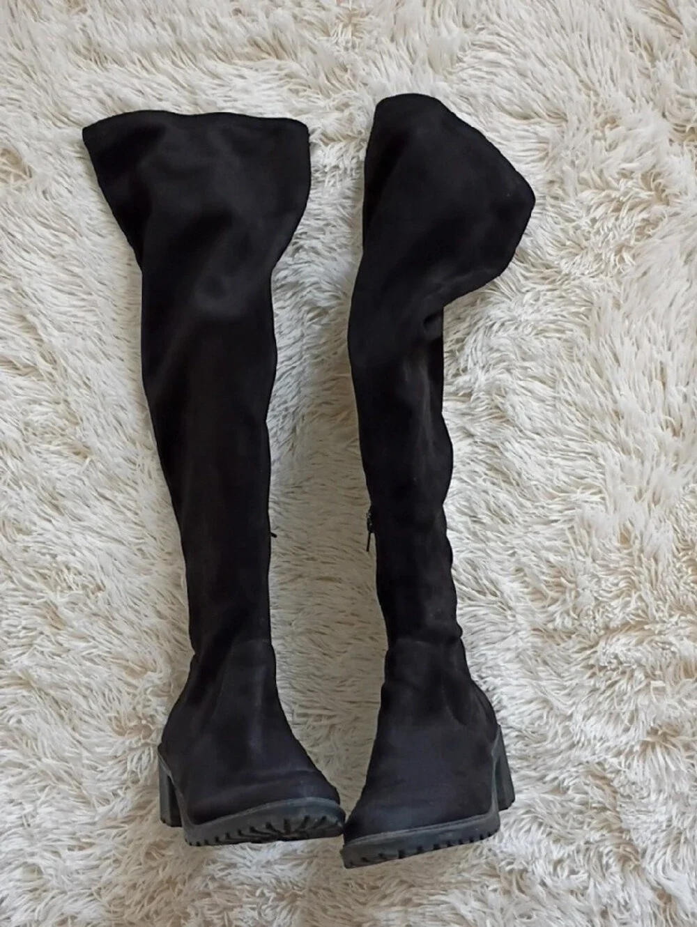 Black Thigh-High Suede Block Heel Boots!